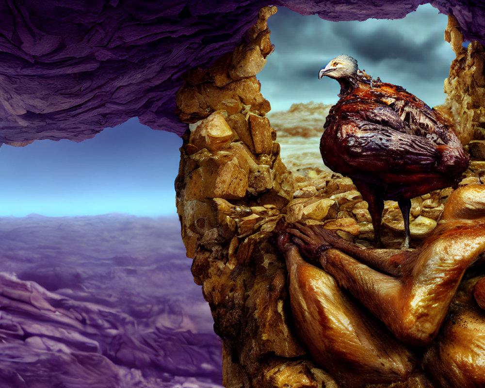 Vulture on Roasted Chicken Legs in Surreal Landscape