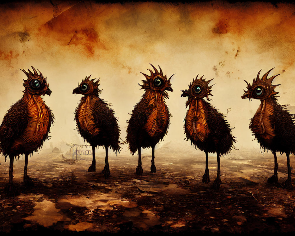 Five fantastical creatures with large eyes in orange-toned landscape