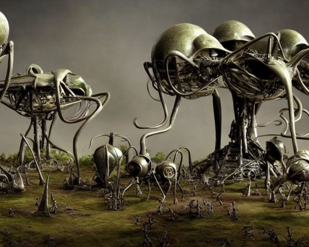 Surreal landscape with metallic biomechanical structures on desolate field