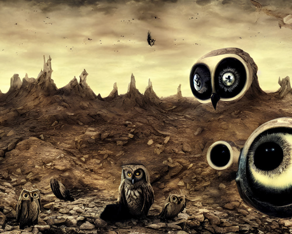 Surreal landscape with oversized eyes, owls, and rocky terrain under cloudy sky