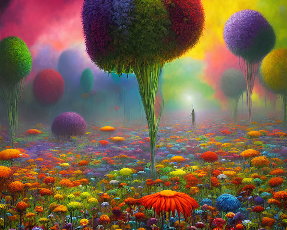 Colorful Landscape with Tree-like Structures and Mushroom Plants