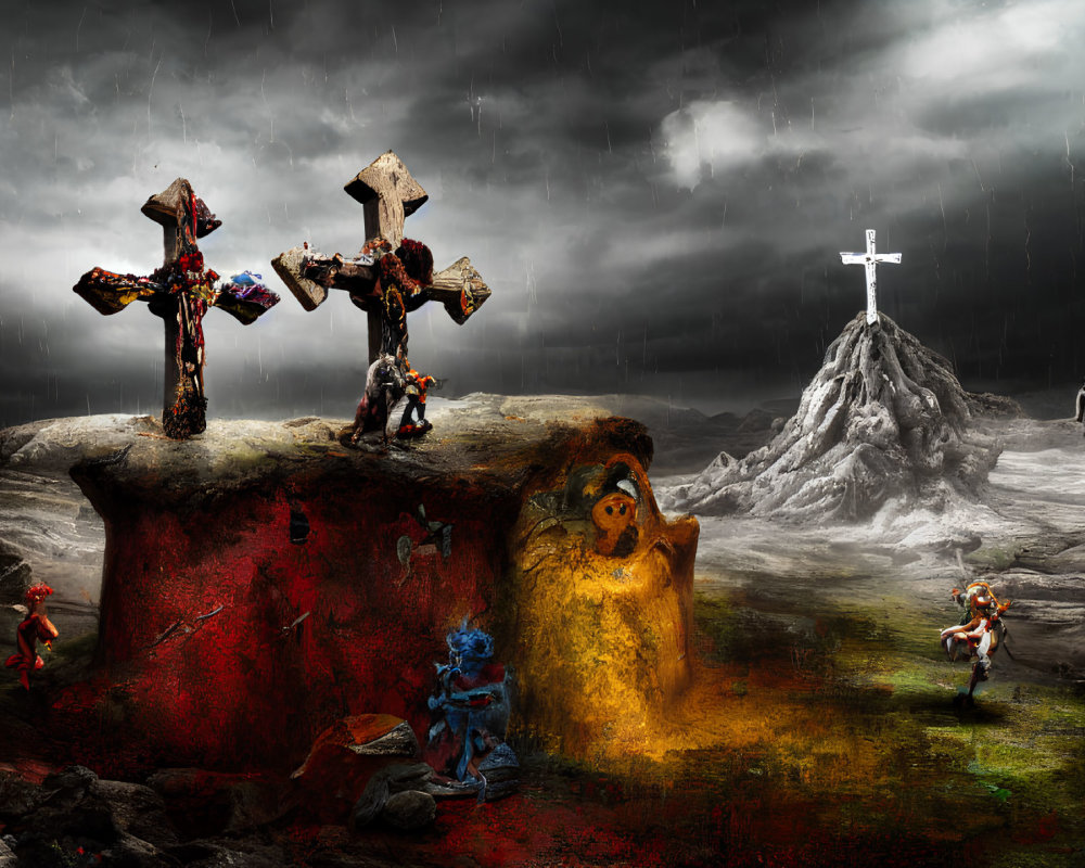 Dark scene with three crosses under stormy sky and mysterious figures in desolate landscape