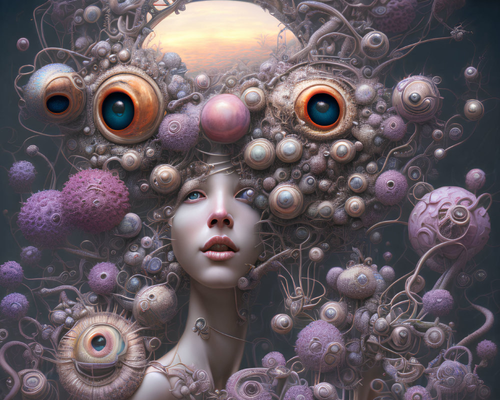 Fantastical surreal portrait of a woman with unique headpiece in twilight setting