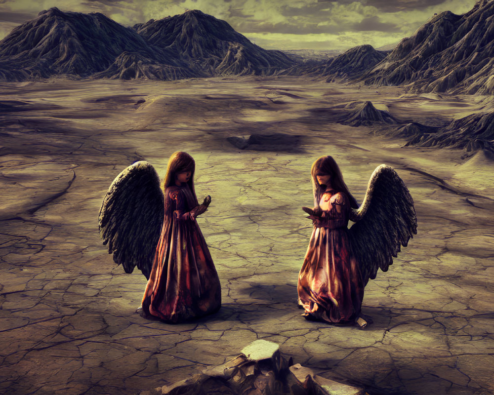 Angel figures with wings in barren landscape under dramatic sky