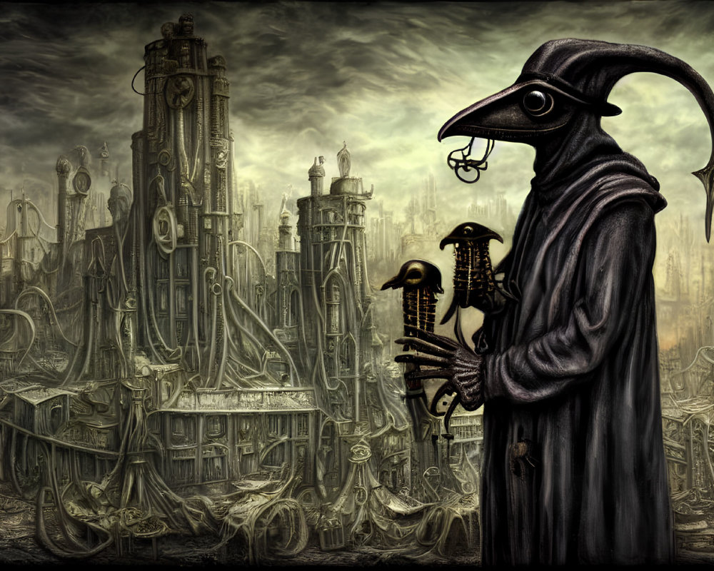 Plague doctor figure in beaked mask against dystopian cityscape