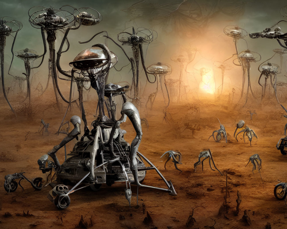 Desolate landscape with surreal mechanical creatures and structures under ominous sky