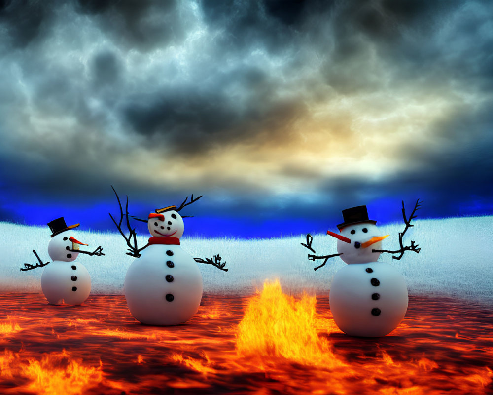 Snowmen with hats and stick arms by fire under dramatic sky