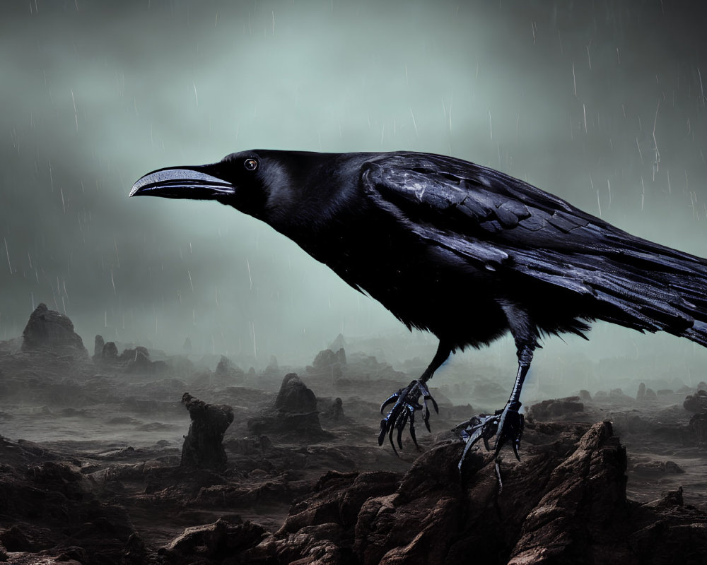 Raven perched on rocky terrain under stormy sky