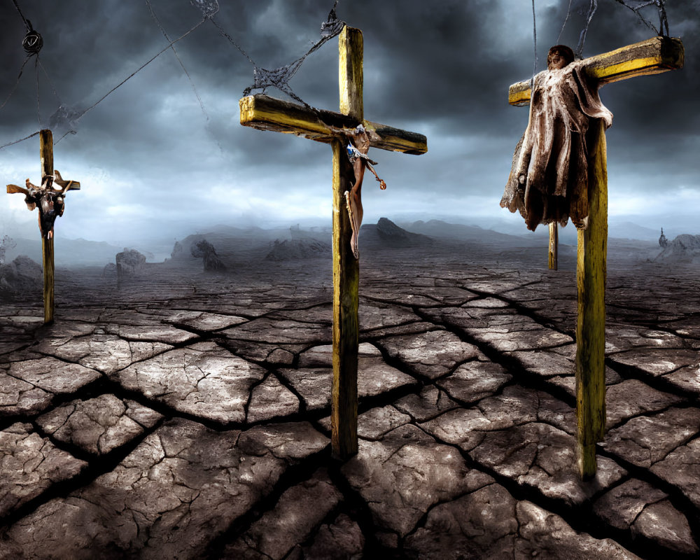 Barren landscape with three crosses under stormy sky