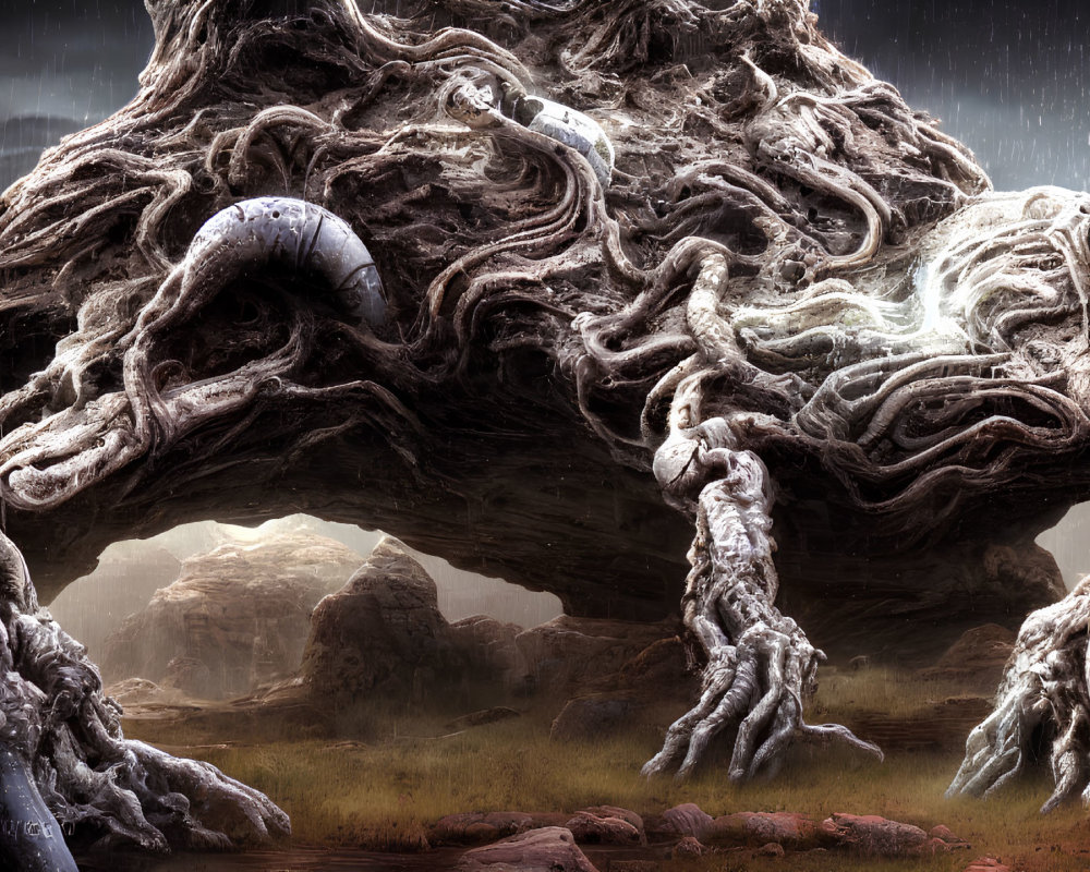 Surreal landscape with massive root-like structures under an otherworldly sky