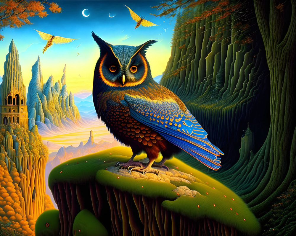 Colorful Owl in Enchanted Twilight Forest