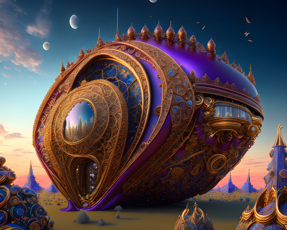 Fantastical ornate airship in a sky with multiple moons