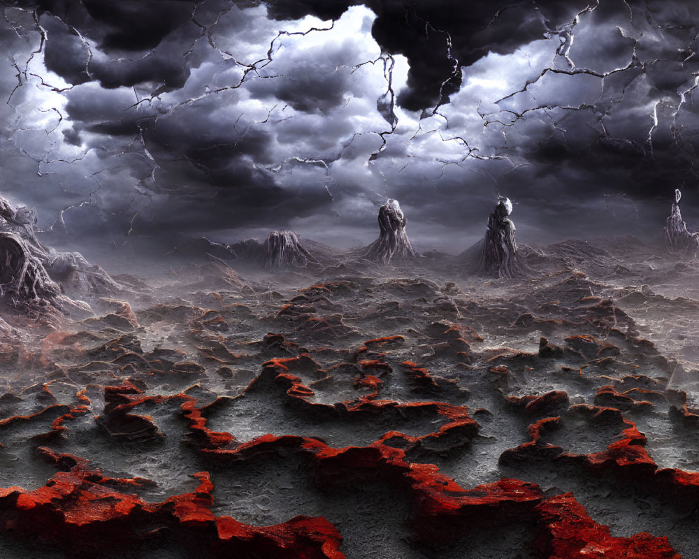 Volcanic landscape with cracked earth, glowing lava, dark clouds, and lightning