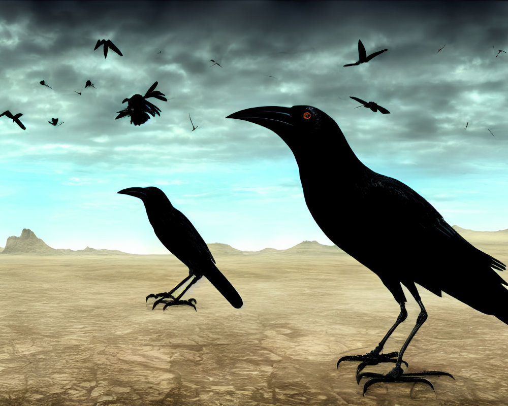 Desolate desert landscape with two crows under hazy sky