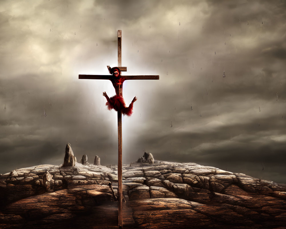 Barren hill with large cross and figure in red under stormy sky