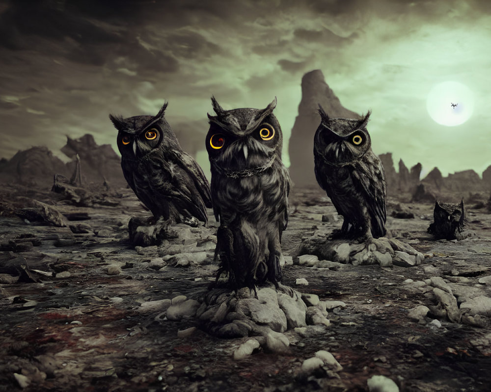 Three glowing-eyed owls on rocky terrain under dim sky with eerie shapes and solitary bird.