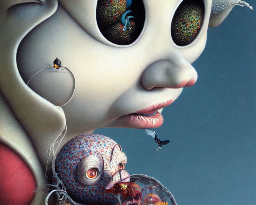 Intricate surreal artwork with large-eyed figure and fantastical creatures