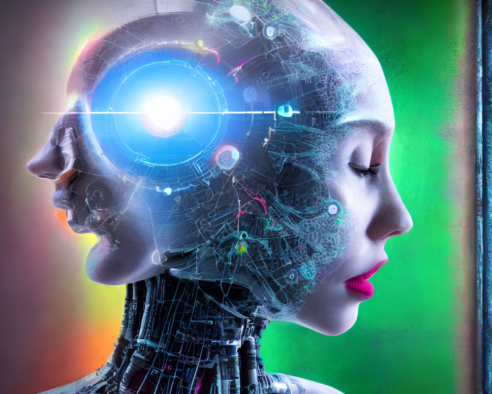 Female cyborg with translucent head and glowing blue eye on vibrant multicolored background