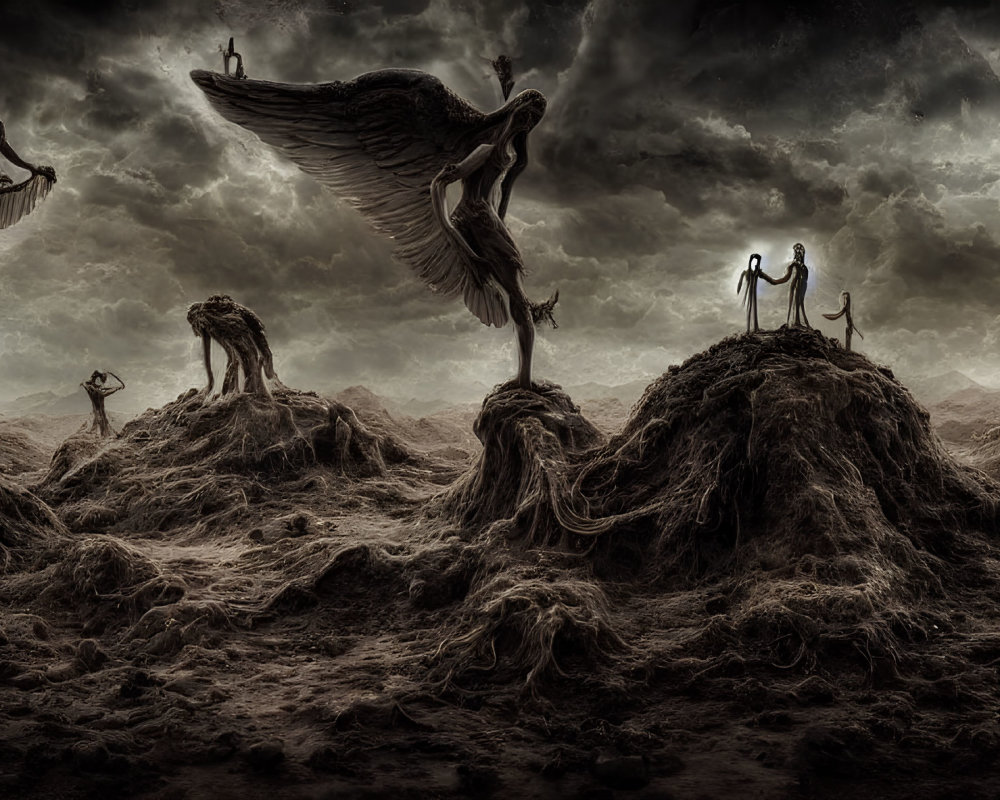 Surreal landscape with angelic figures and dark clouds in monochromatic setting