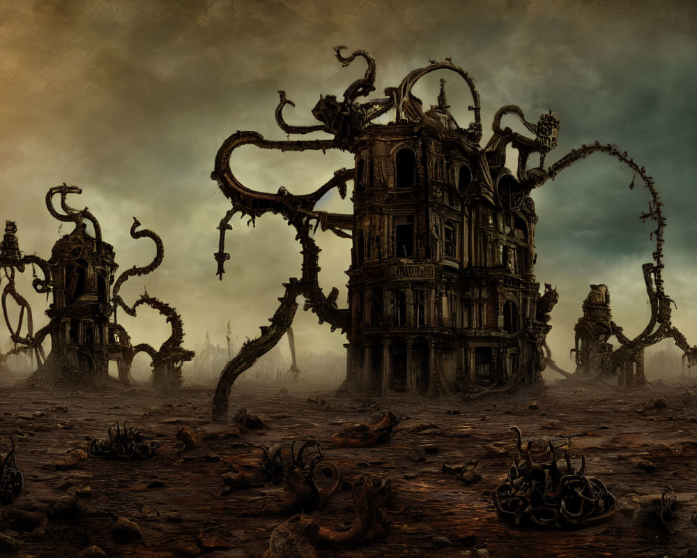 Dystopian landscape with dilapidated baroque building and twisted tentacle-like structures