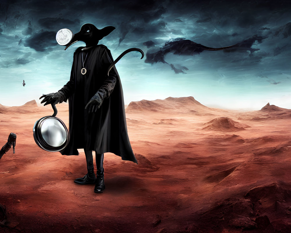 Cloaked figure with plague doctor mask in surreal desert landscape with hourglass and full moon