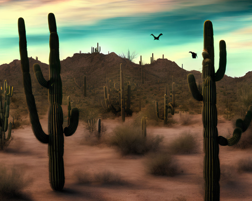 Twilight desert landscape with saguaro cacti, mountains, and birds.