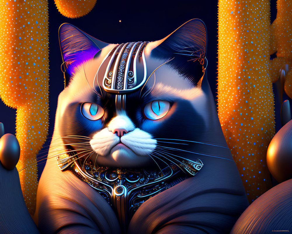 Stylized cat with cybernetic enhancements and blue eyes on dark background