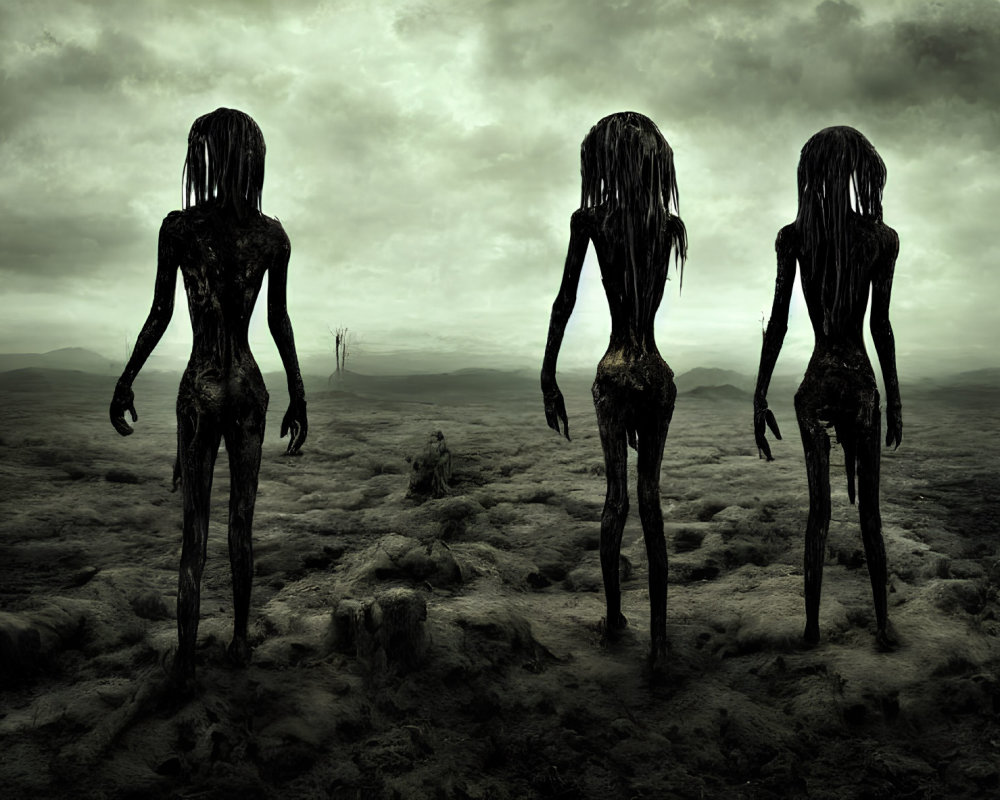 Humanoid Figures in Desolate Landscape with Ominous Sky