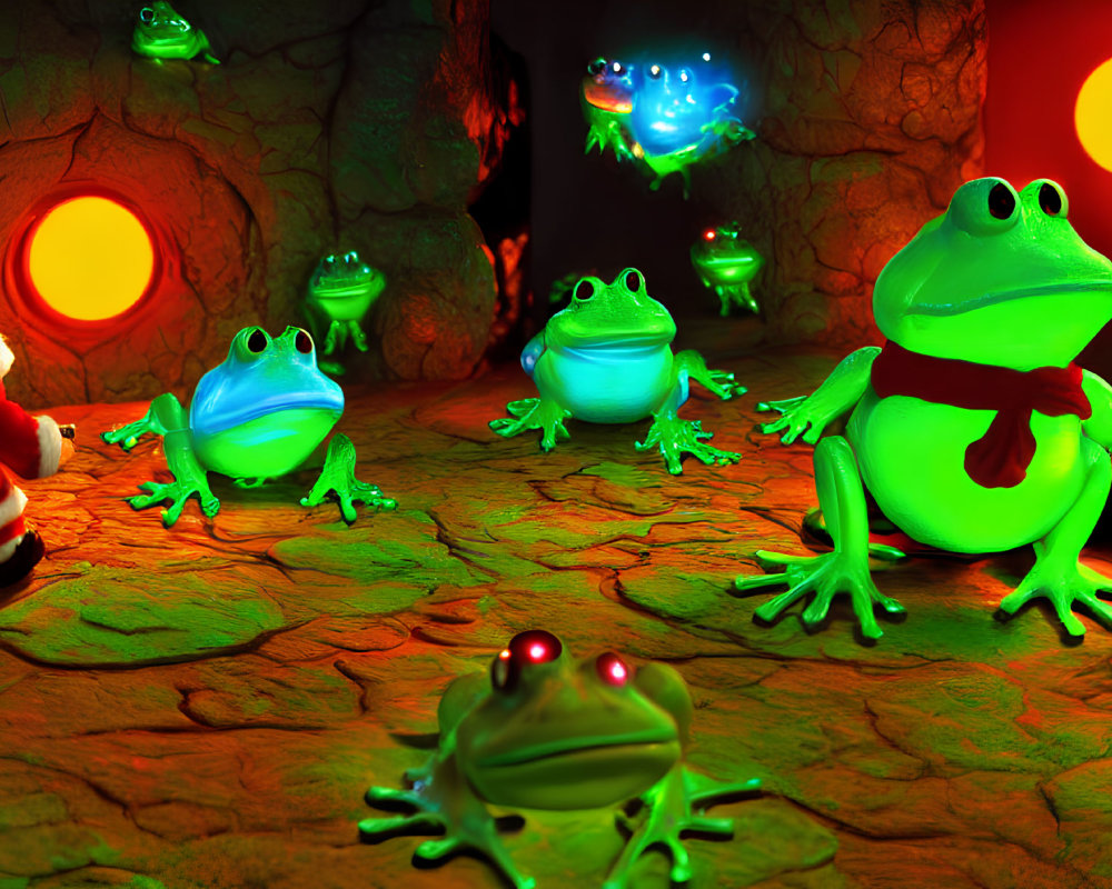 Colorful Cartoon Frogs with Santa Claus and Glowing Creatures