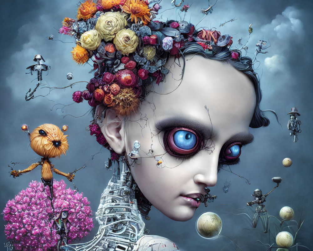 Surreal digital artwork of a girl with blue eyes and floral headpiece