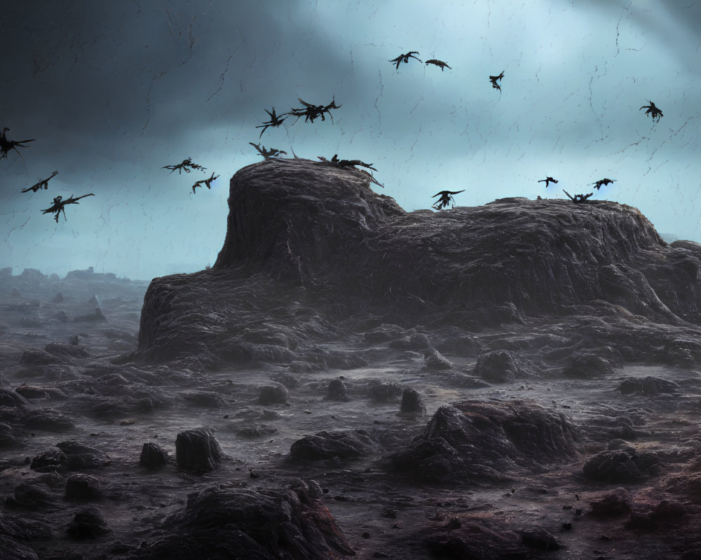 Desolate landscape with rock formation and dragon-like creatures under stormy sky