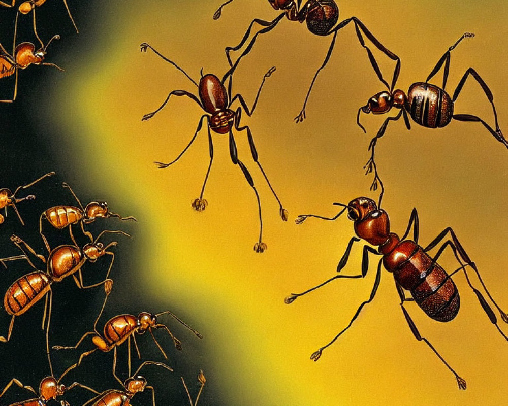 Detailed Ant Anatomy and Social Interaction on Yellow Gradient Background