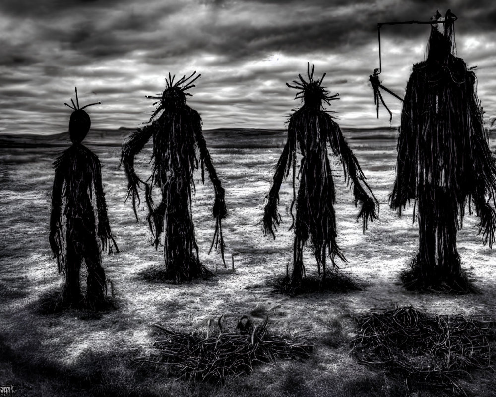 Eerie monochrome straw figures in open field under dramatic sky