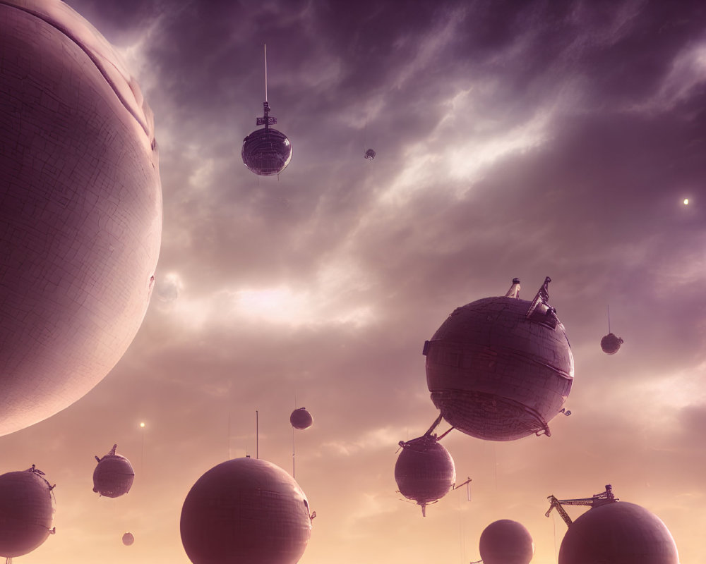 Dreamlike sky scene with floating spheres in surreal purple atmosphere