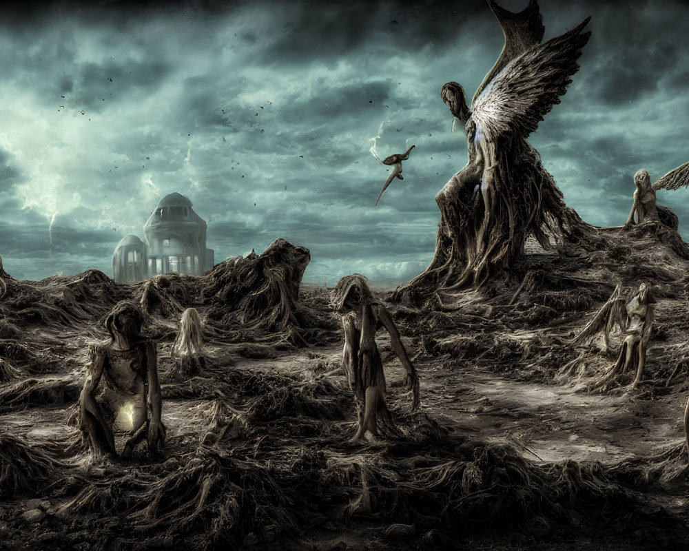 Surreal landscape with anguished figures, angels, and classical dome structure