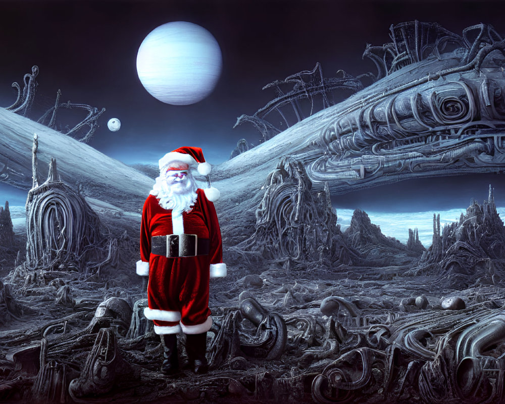 Santa Claus in surreal alien landscape with large planet and futuristic structures