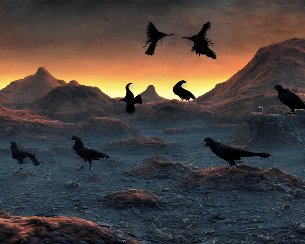 Group of ravens on volcanic landscape with fiery skies