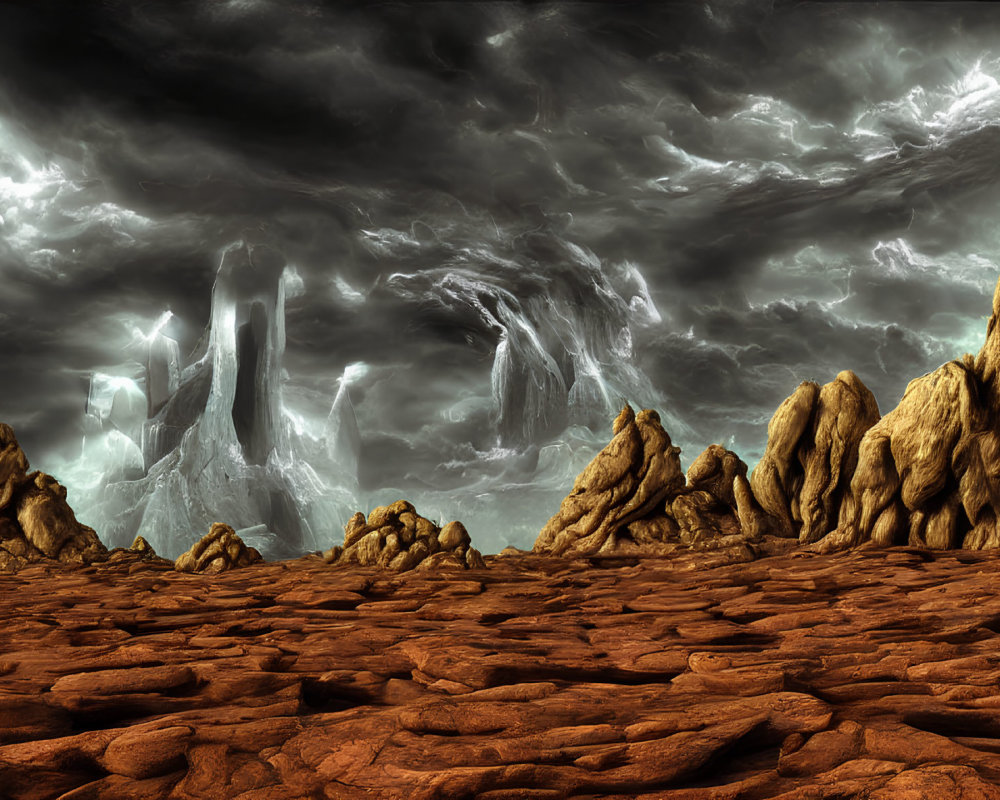 Cracked red earth, towering rock formations, tumultuous sky