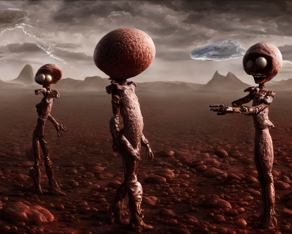 Three humanoid figures with spherical helmets on barren rocky landscape, two with electric discharges above their heads