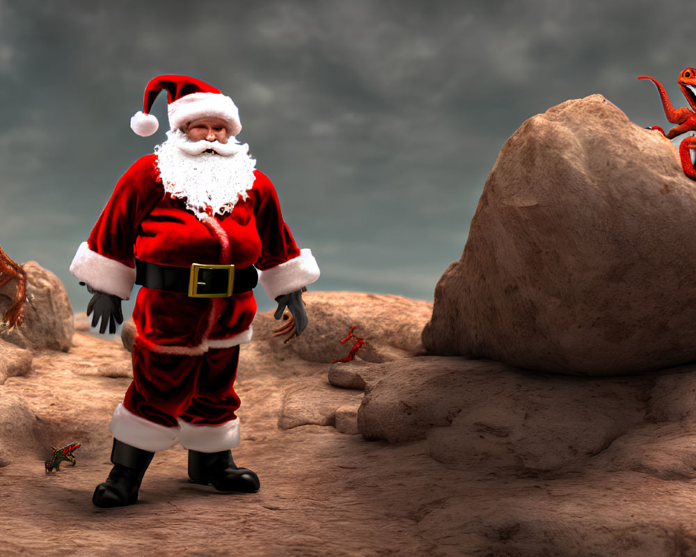 Santa Claus in desert with colorful dinosaurs