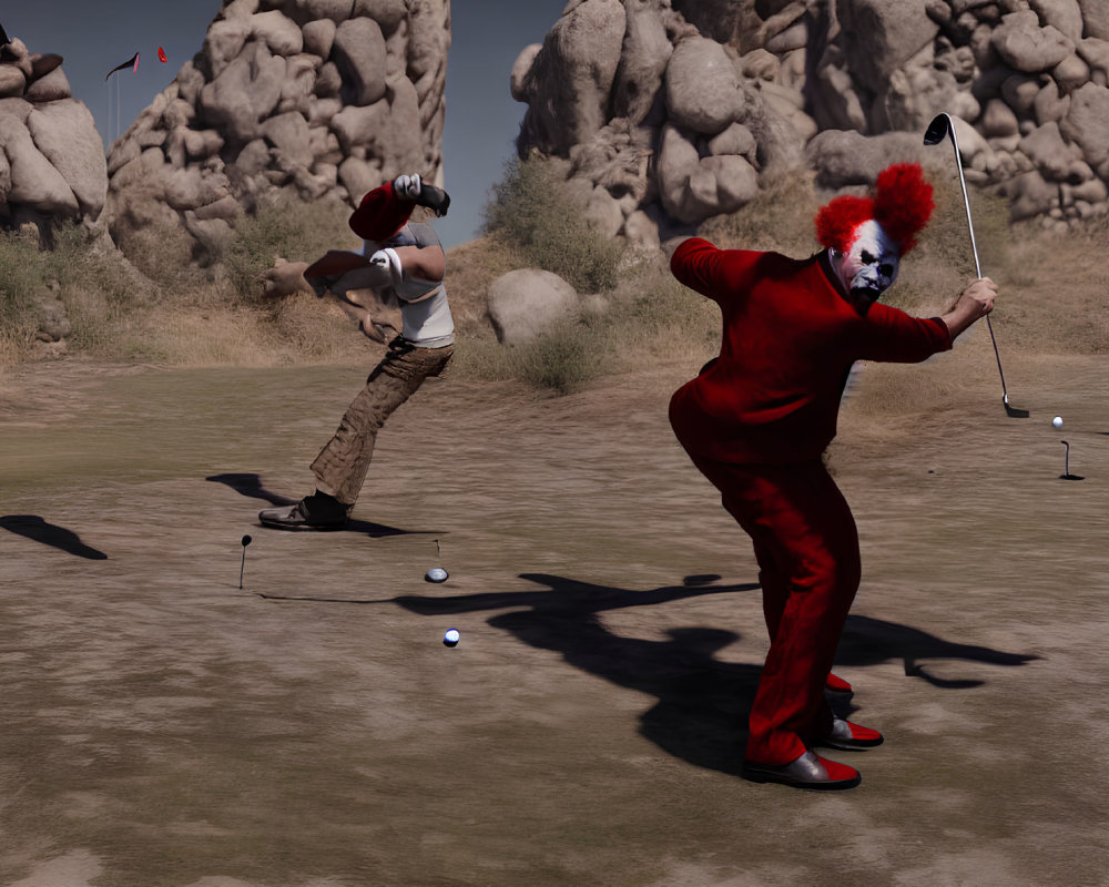 Clown playing golf in desert landscape