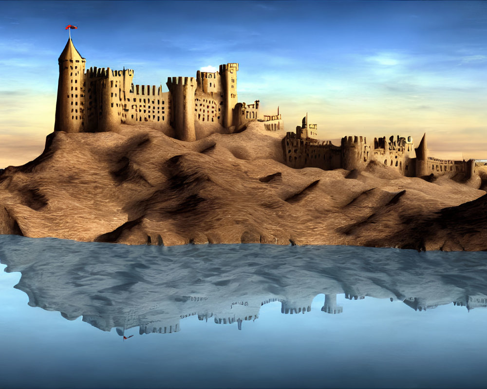 Detailed Sandcastle Reflecting on Water at Twilight