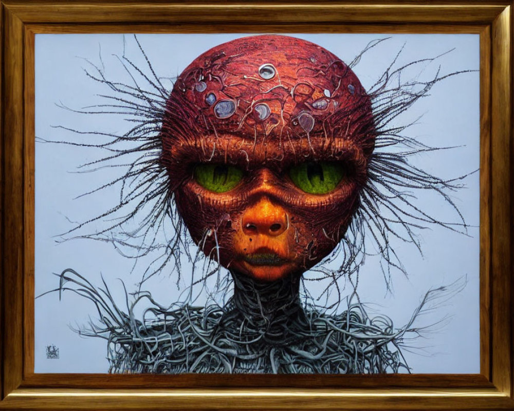 Framed surreal portrait of otherworldly creature with green eyes