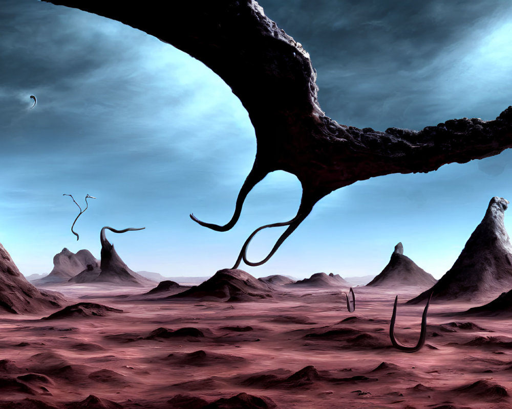 Desolate alien landscape with twisted rock formations and tentacle-like structures