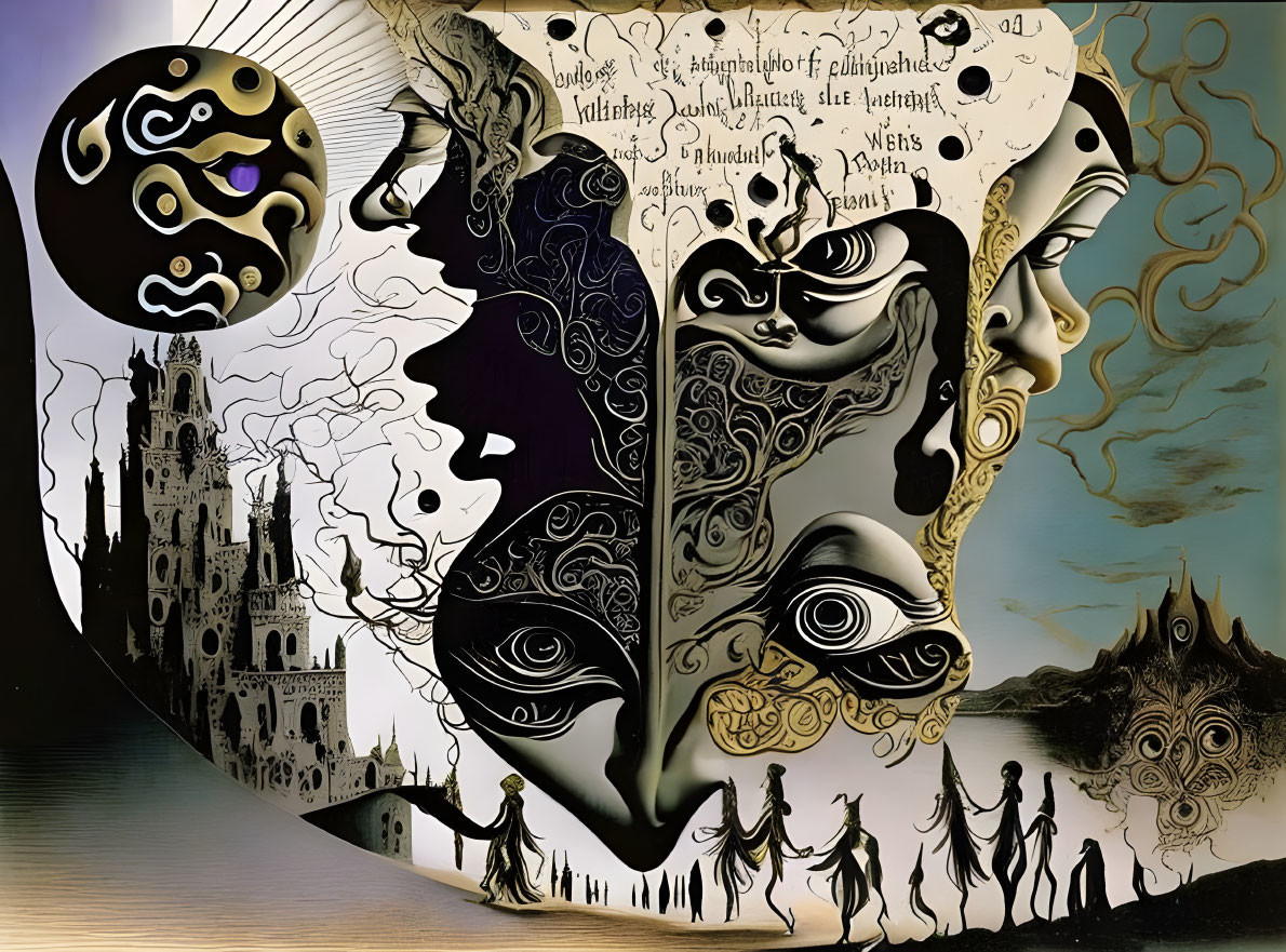 Detailed artwork: architecture, human figures, surreal elements, calligraphy, patterns, monochromatic palette