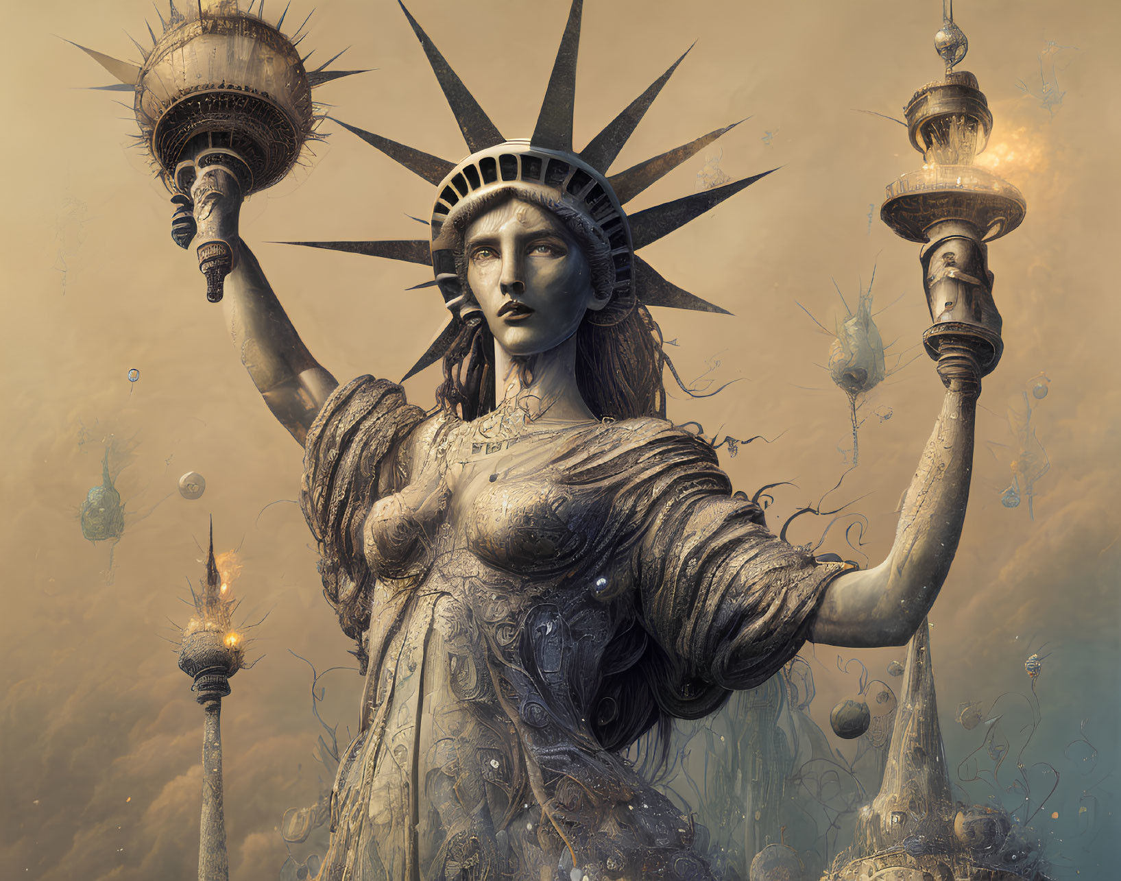 Statue of Liberty with multiple torches and crowns in surreal setting