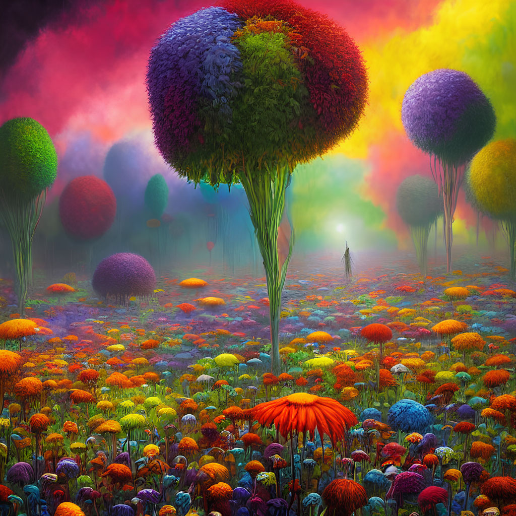 Colorful Landscape with Tree-like Structures and Mushroom Plants