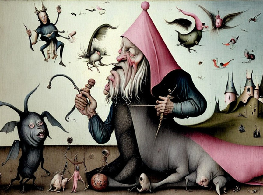 Surreal painting: Multi-faced giant, pink cone hat, black creature, distorted figures, whims