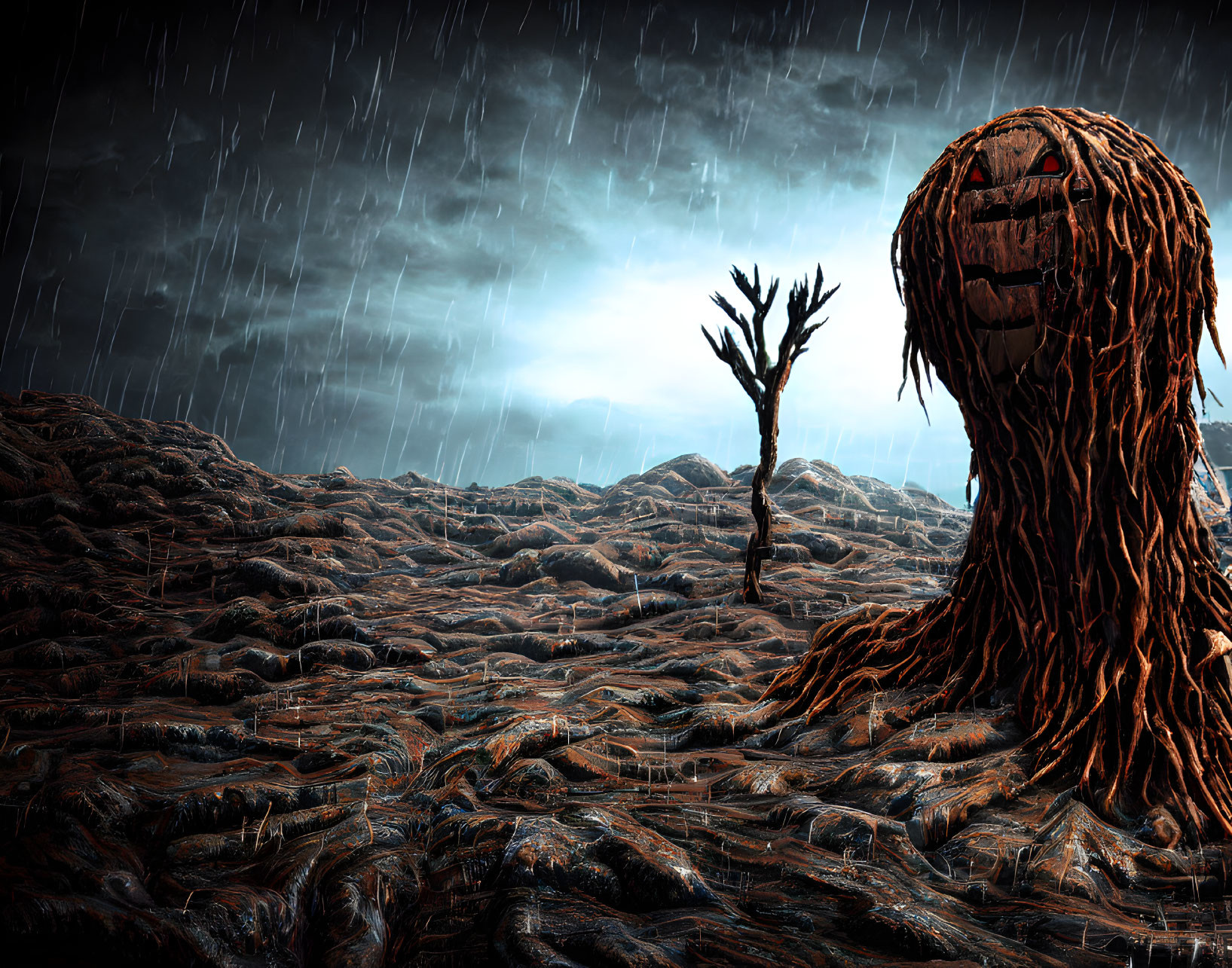 Barren landscape in heavy rain with dead tree and moss-covered rock formation.