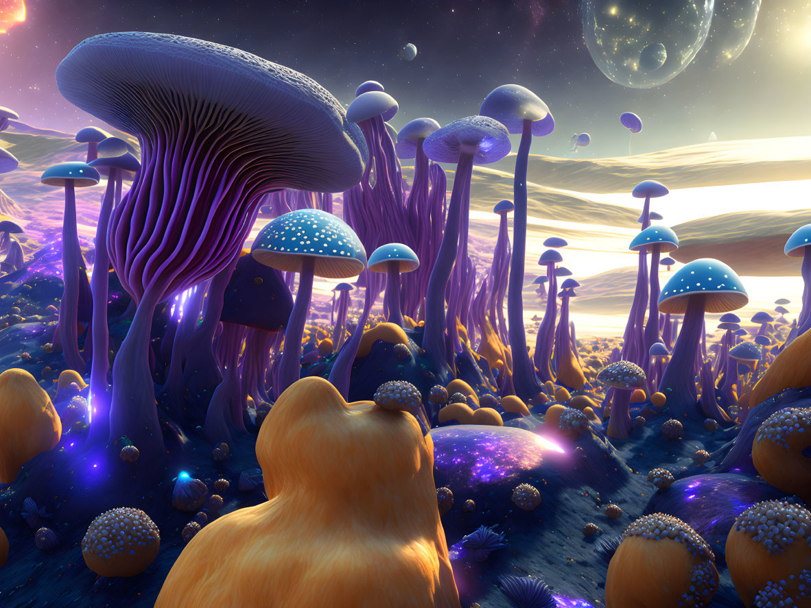 Vibrant oversized mushrooms in surreal alien landscape